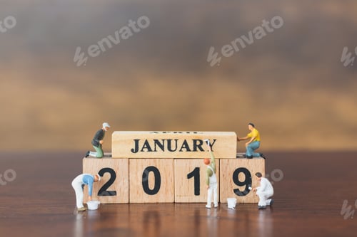 Preview: Miniature Worker Team Painting On Wooden Block , Happy New Year 2019 Concept