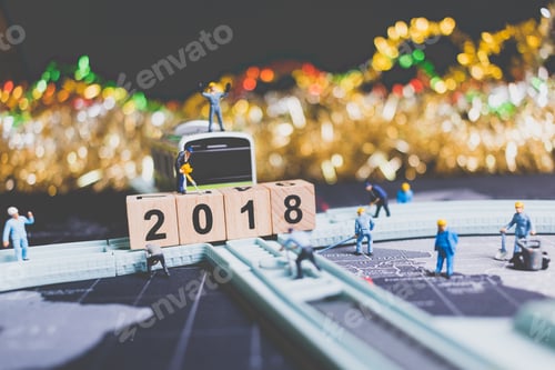 Preview: Miniature People Worker Build Wooden Block Number 2018 On Rail Way