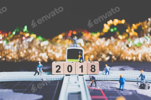Preview: Miniature People Worker Build Wooden Block Number 2018 On Rail Way