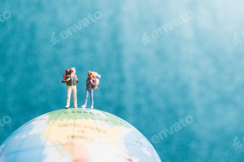 Preview: Miniature Backpacker , Travelers With Backpack Standing On World Map And Walking To Destination