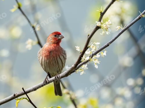 Preview: A Cute Finch Bird On A Branch Of A Blooming Tree