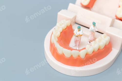 Preview: Miniature People : Dentist Repairing Human Teeth With Gums And Enamel , Health And Medical Concept