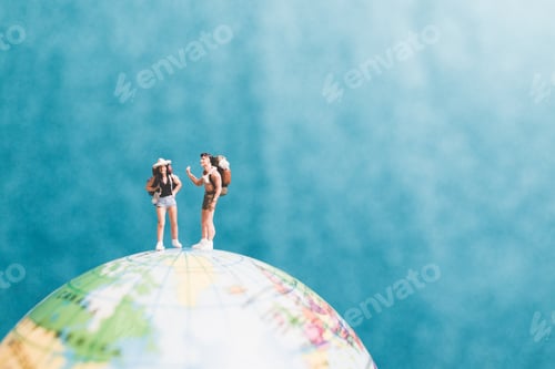 Preview: Miniature Backpacker , Travelers With Backpack Standing On World Map And Walking To Destination