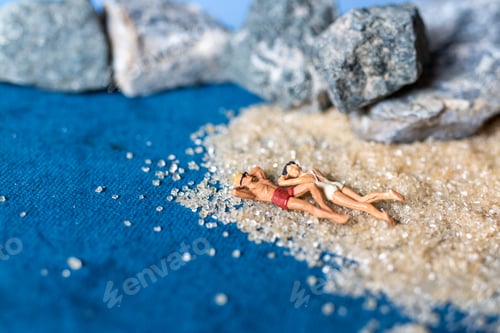 Preview: Miniature People Wearing Swimsuit Relaxing On The Beach With Blue Background , Summer Time Concept