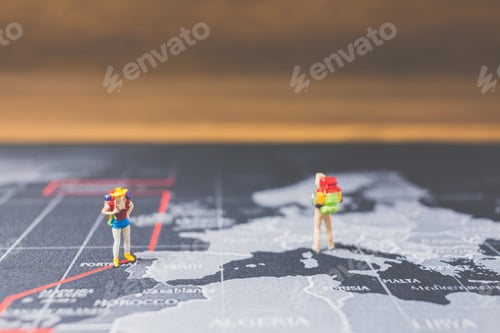 Preview: Miniature People Backpacker Walking On World Map, Tourism And Travel Concept