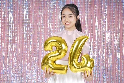 Preview: Asian Young Teenager Pretty Cheerful Beautiful Girl With Party Gold Foil Balloon, On Pink Sparkling