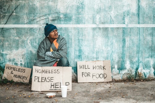 Preview: The Beggars Sat Beside The Street With A Homeless Message. Please Help And Work With Food.