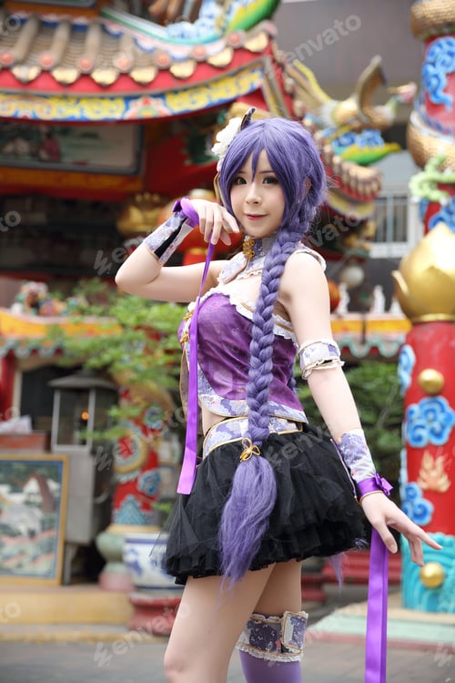 Preview: Portrait Of Asian Young Woman Dancing With Purple Chinese Dress Cosplay With Temple