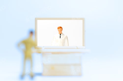 Preview: Miniature People , Male Patient Talk Consult With Doctor Using Video Call On Laptop , Online Doctor