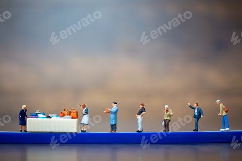 Preview: Miniature People Keep Distance In Shopping Mall And Public Area . Social Distancing Concept.