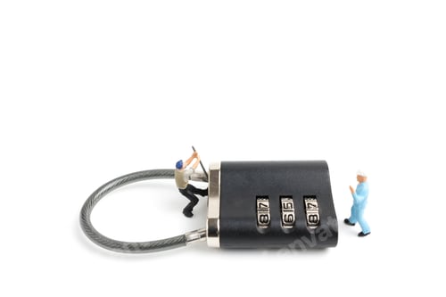 Preview: Miniature People Worker : Teamwork Helps To Unlock Password On The Keys. Team Work Concept.
