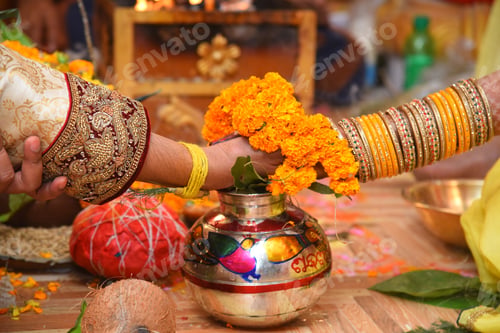 Preview: An Indian Bride And Groom Holding Their Hands During A Hindu Wedding Ritual Image Captured At A