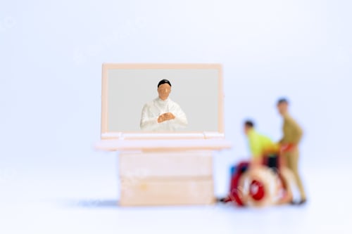 Preview: Miniature People , Male Patient Talk Consult With Doctor Using Video Call On Laptop , Online Doctor
