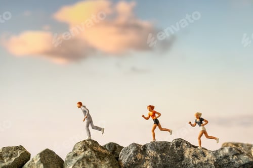 Preview: Miniature People : Running On Rock Cliff With Nature Background , Health And Lifestyle Concepts