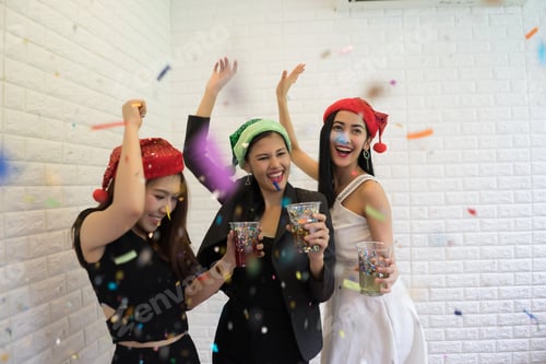 Preview: Happy Business Group People In Santa Hat Having Fun For Celebrity Christmas Party.
