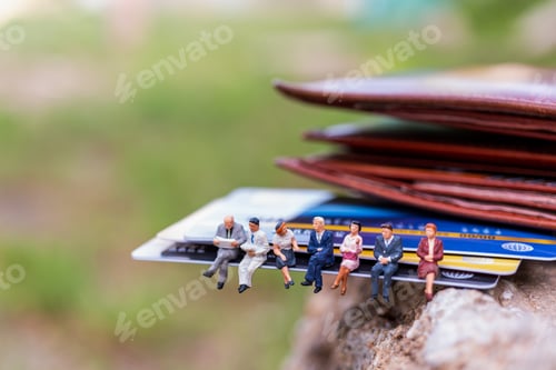 Preview: Miniature People : Business People Sitting On Credit Card , Business And Finance Concepts