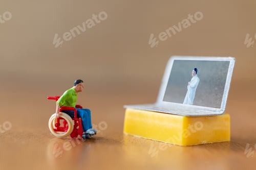 Preview: Miniature People , Male Patient Talk Consult With Doctor Using Video Call On Laptop , Online Doctor