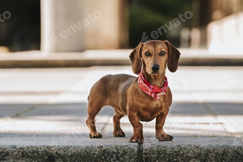 Preview: A Closeup Portrait Of A Cute Brown Dwarf Dachshund With A Stylish Scarf On Its Neck Walking On The