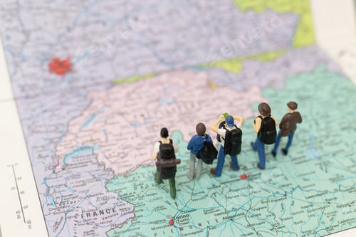 Preview: Miniature People Backpacker Walking On Map Travel And Adventure Concepts.