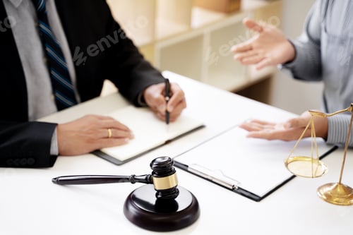 Preview: Justice Lawyer Consulting Give A Advice With Client In Courtroom.