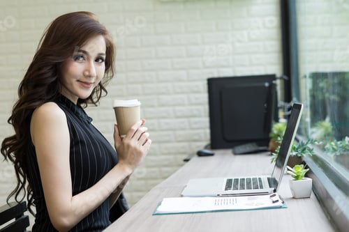 Preview: Business Woman Sitting With Coffee Cup In Cafe, Working Relax Concept