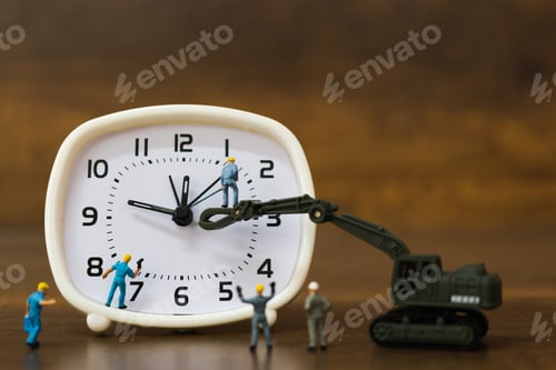 Preview: Miniature People : The Team Is Working On An Alarm Clocks , Working Time Concept