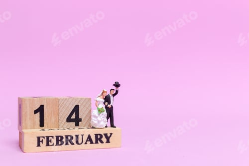 Preview: Miniature People Wedding , Bride And Groom Couple On Pink Background , Valentine'S Day Concept