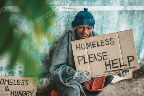Preview: Beggars Sitting On The Street With Homeless Messages Please Help.