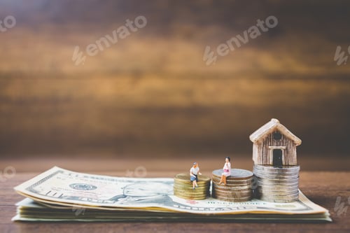 Preview: Miniature People Businessman On Money On Wooden Backhground