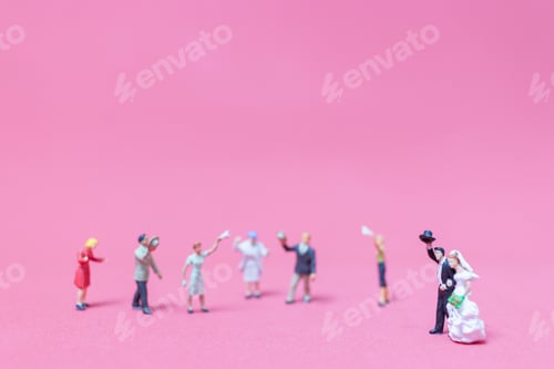 Preview: Miniature People Wedding , Bride And Groom On Pink Background , Valentine'S Day Concept