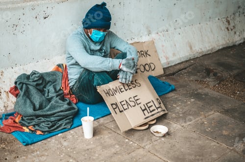 Preview: The Beggars Sat Beside The Street With A Homeless Message. Please Help And Work With Food.