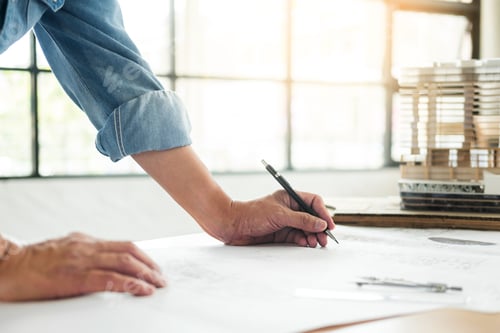 Preview: Person'S Engineer Hand Drawing Plan On Blue Print With Architect Equipment, Architects Working At