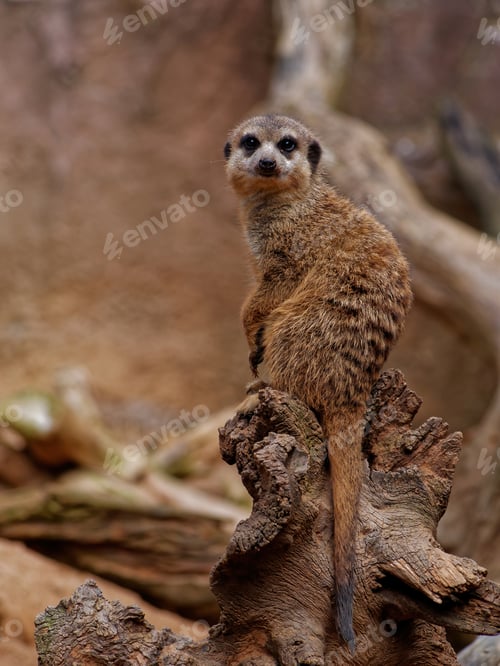 Preview: A Vertical Shot Of A Cute Single Meerkat Sitting On A Wood Piece In A Forest