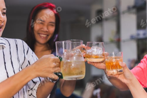 Preview: Group Of Friends Toasting Glasses Whisky In The Party At Family Dinner