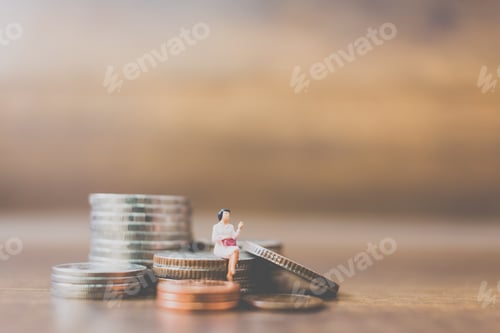 Preview: Miniature People Businessman On Coins And Space For Text
