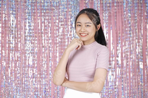 Preview: Asian Young Teenager Pretty Cheerful Beautiful Girl With Present Box, On Pink Sparkling Background