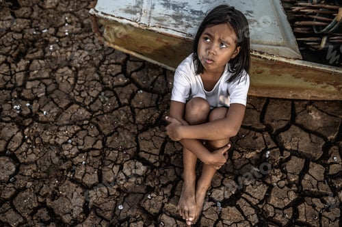 Preview: Hugging Their Knees And Looking At The Sky On Dry Soil And There Are Fishing Boats, Global Warming.
