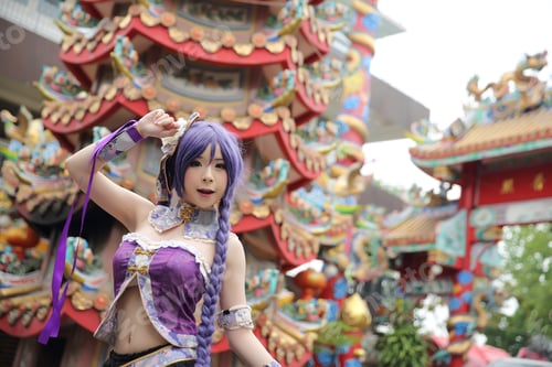 Preview: Portrait Of Asian Young Woman Dancing With Purple Chinese Dress Cosplay With Temple