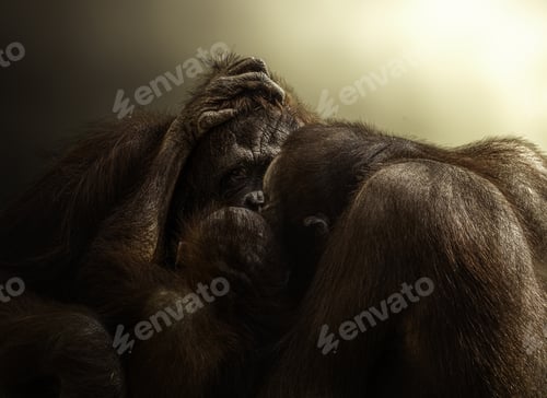 Preview: A Closeup Shot Of Primates With Their Infant Isolated On A Multicolored Background
