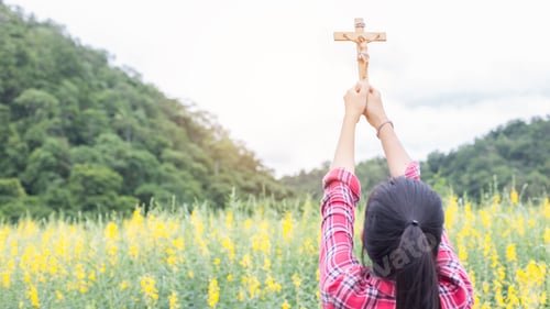 Person Holding Cross in Field of Yellow Flowers