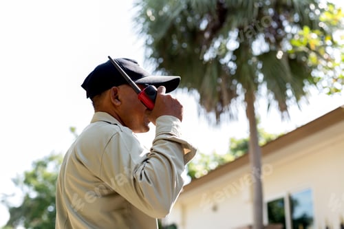 Preview: Safety Concept Male Security Guard Talking On Portable Radio In Village