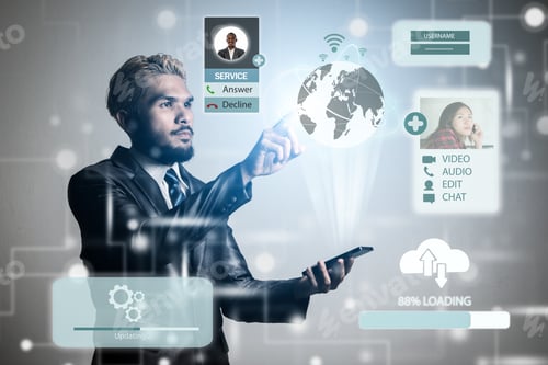 Preview: Young Businessman With Icons Media Network Connection. Business Hi-Technology Concept.