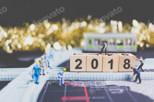 Preview: Miniature People Worker Build Wooden Block Number 2018 On Rail Way