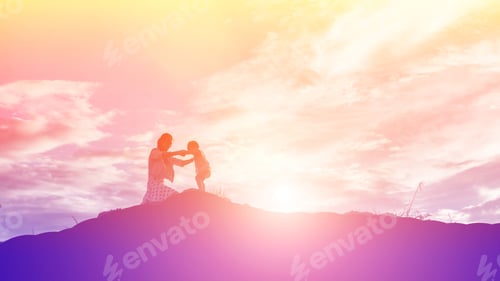 Preview: Silhouette of parent and child on a hill