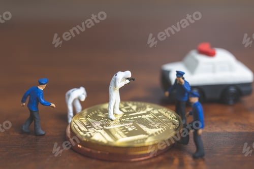 Preview: Miniature People : Police And Detective Standing In Front Of Cryptocurrency Bitcoin , Cyber Crimes