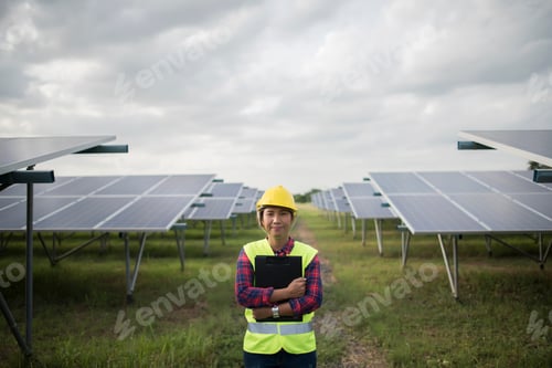 Preview: Engineer Electric Woman Checking And Maintenance Of Solar Cells.