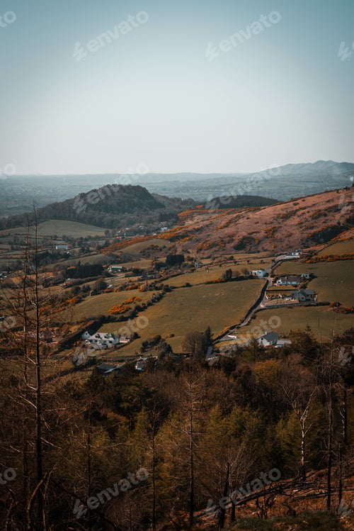 Preview: A Vertical High Angle Shot Of Large Rural Meadows With Trees
