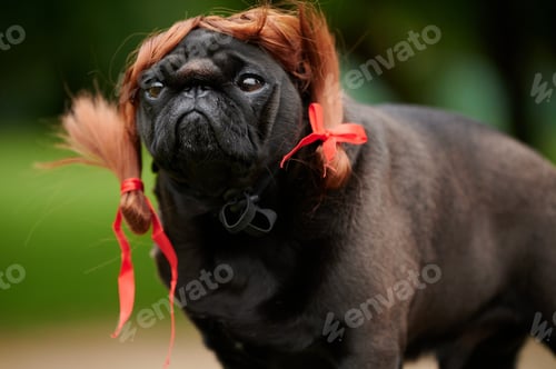 Preview: A Portrait Of A Domestic Black Pug Dog With A Funny Wig On A Wooden Surface In A Park
