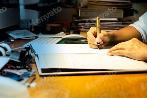 Preview: Businessman Writing On Document While Working Late In Office.