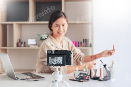Preview: Makeup Beauty Fashion Blogger Recording Video Presenting Cosmetics At Home Influencer On Social